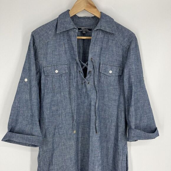 Tommy Bahama Dress Size Medium Womens Blue Tab Sleeve Lace Up Chambray Pockets - Picture 2 of 9